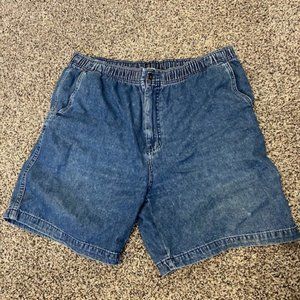 Med Wash BLUE DENIM SHORTS * front zip w full elastic waist & drawstring * EUC L